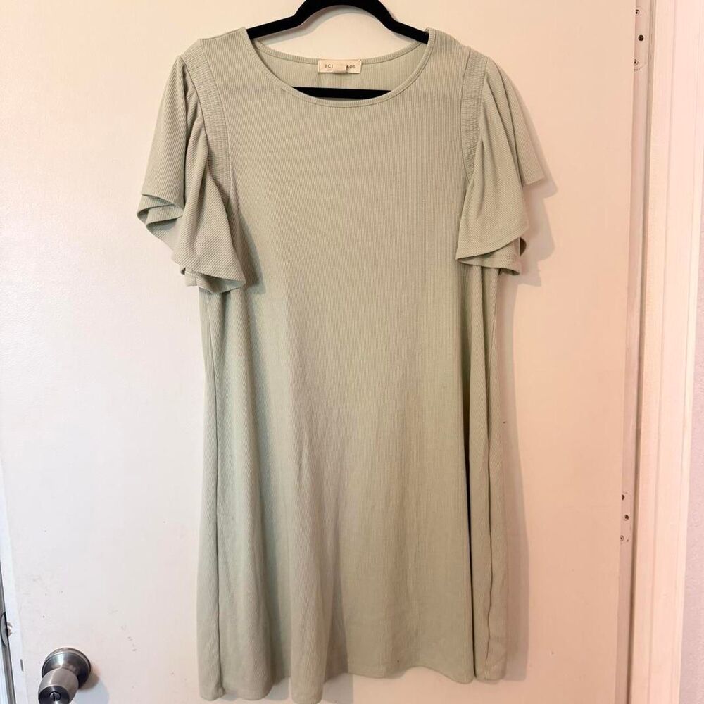ECOTHREADS | Sage Ribbed Flutter Sleeve Shift Dress | Boho Sage